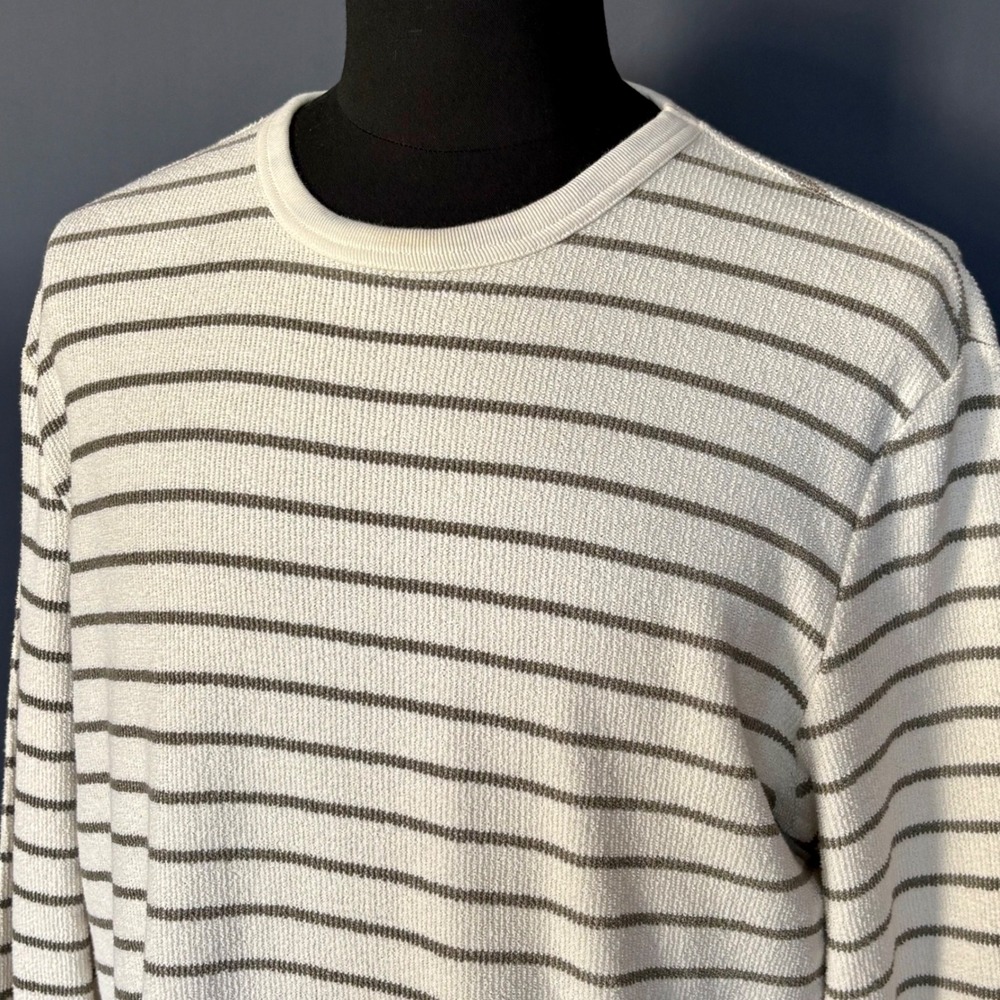 Taylor Stitch Organic Cotton Terry Sweater | Size 42 Large | White Grey Stripe